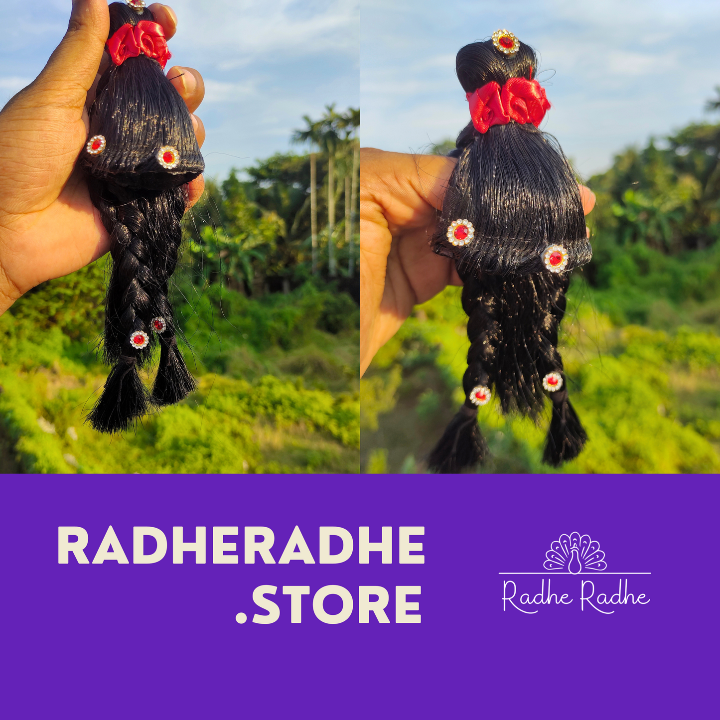 Upgrade your Laddu Gopal and Radha ji with our Black Hair, With Red Dimond Design.