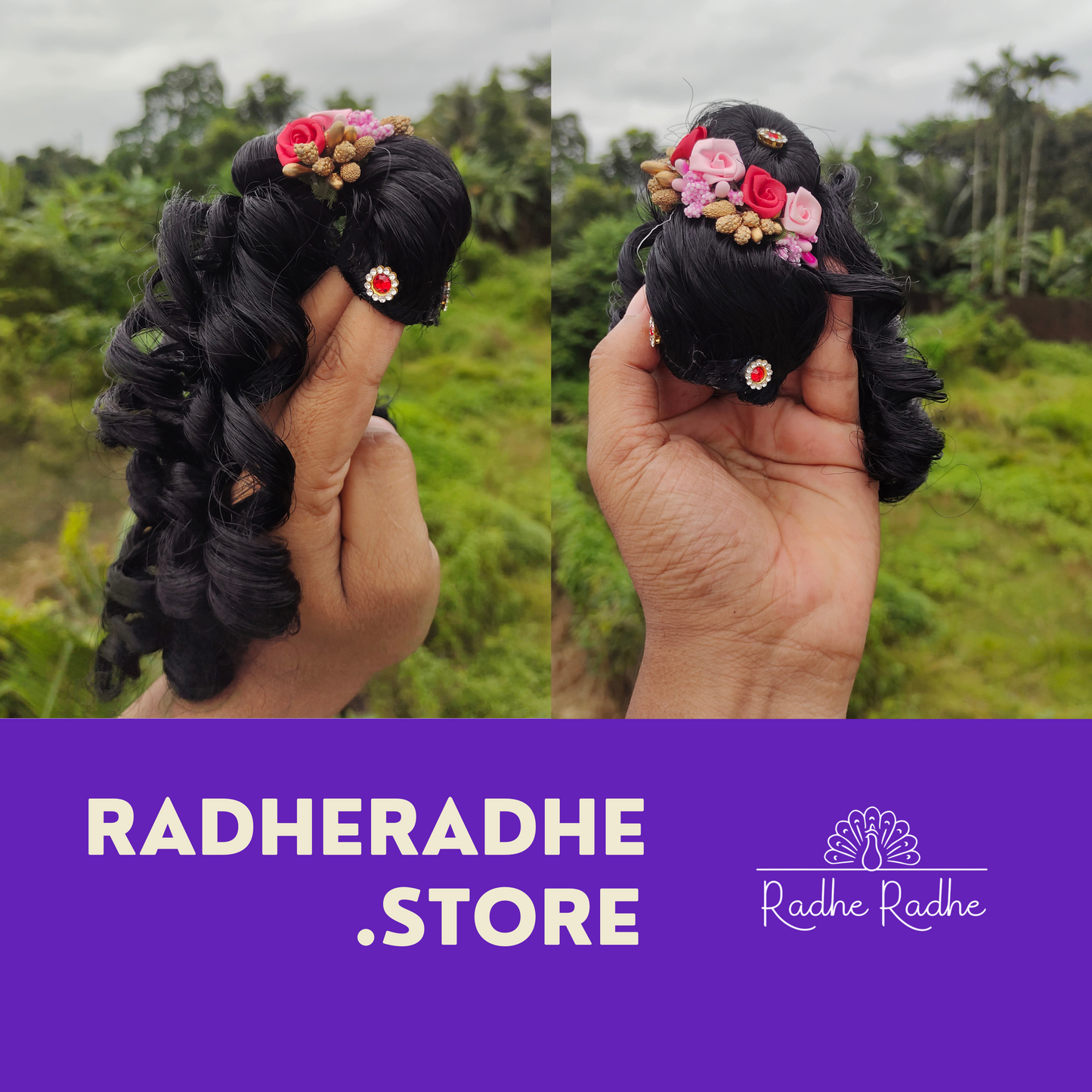 Upgrade your Laddu Gopal and Radha ji with our Black Hair, Flowers & Red Dimond.