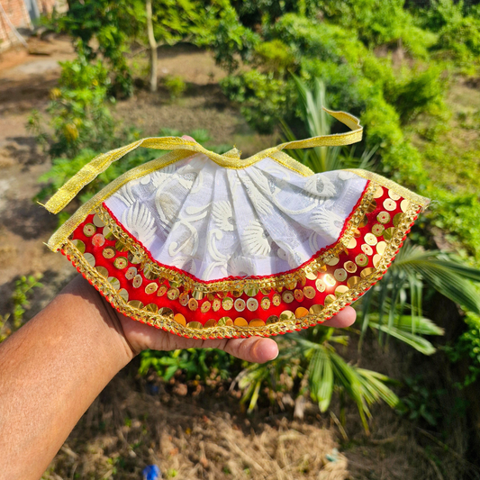 Silk Lehenga with Gold Border & Floral Design for Laddu Gopal and Radha Rani.